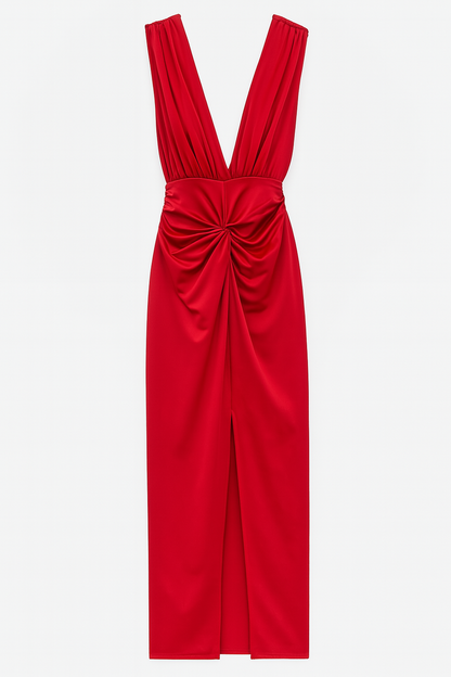 VESTIDO CERIMÓNIA COM DECOTE E RACHA